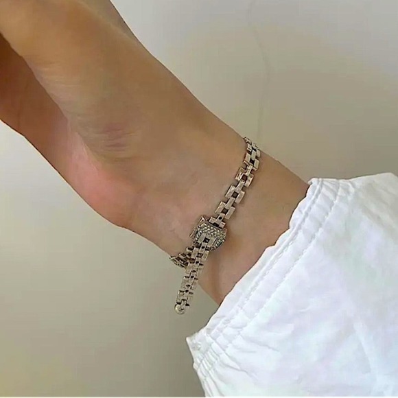 Silver Belt Buckle Bracelet Matching Ring Set, Minimalist, Zircon, Chain Link - Picture 3 of 12